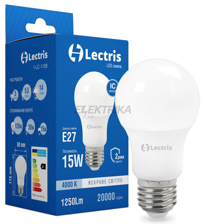 Світлодіодна лампа Lectris LED A60 15W 4000K 220V E27 (1-LC-1108)
