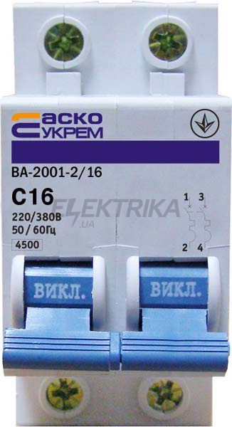 Автоматичний вимикач УкрЕМ ВА-2001 2р 16А АсКо