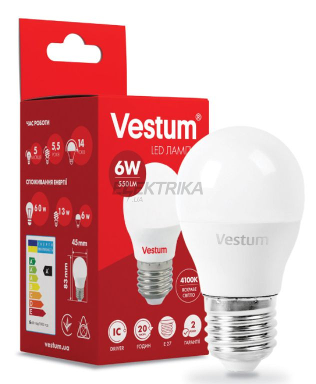 Світлодіодна лампа Vestum LED G45 6W 4100K 220V E27 (1-VS-1201)