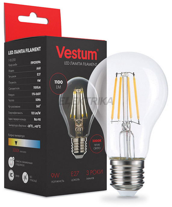 Лампа світлодіодна філамент Vestum LED А60 9W 220V 3000К E27 (1-VS-2110)
