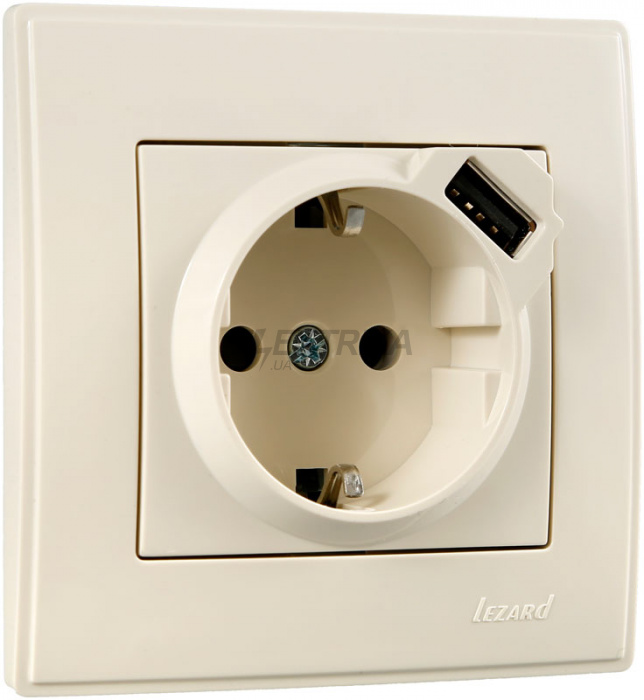 Розетка + USB Lezard Lesya із заземленням крем (705-0303-181)