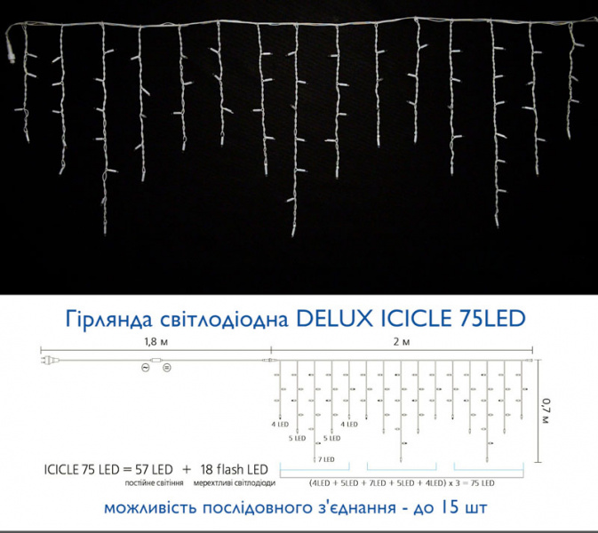 Гірлянда зовнішня DELUX ICICLE 75LED 2x0.7m білий/білий IP44 EN (90016588)
