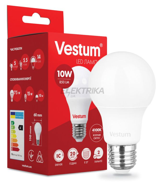 Світлодіодна лампа Vestum LED A60 10W 4100K 220V E27 (1-VS-1105)