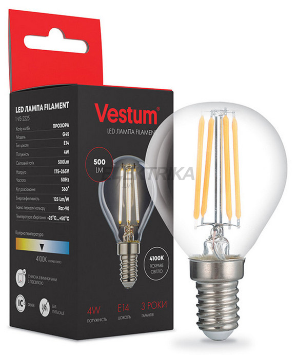 Лампа світлодіодна філамент Vestum LED G45 4W 220V 4100К E14 (1-VS-2225)