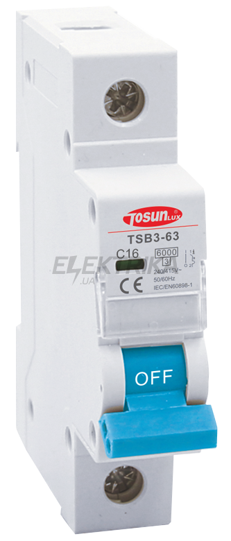 Автоматичний вимикач TOSUNlux TSB3-63, 16А, 1P, тип С, 6кА (6940151023708)