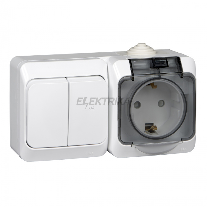 Вимикач та розетка Schneider Electric ЕТЮД IР44 О/У БЛОК: РОЗ. з/к зі шт. 16А 250B, ВИКЛ.2-клав.10А, БІЛИЙ BPA16-242B
