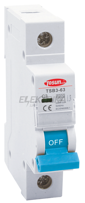 Автоматичний вимикач TOSUNlux TSB3-63, 3А, 1P, тип С, 6кА (6931934214093)
