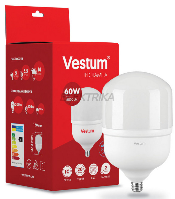 Світлодіодна лампа Vestum LED T160 60W 6500K 220V E27 (1-VS-1605)