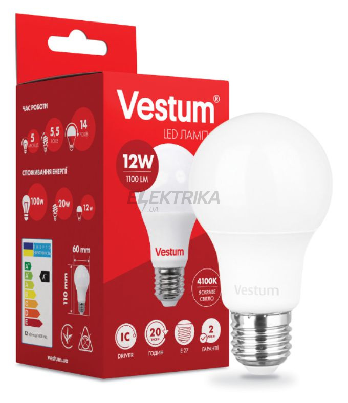 Світлодіодна лампа Vestum LED A60 12W 4100K 220V E27 (1-VS-1103)