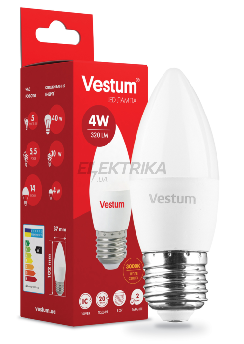 Світлодіодна лампа Vestum LED C37 4W 3000K 220V E27 (1-VS-1306)